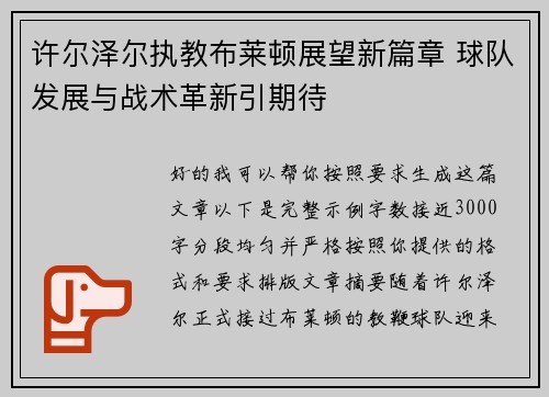 许尔泽尔执教布莱顿展望新篇章 球队发展与战术革新引期待 许尔泽尔执教布莱顿展望新篇章 球队发展与战术革新引期待